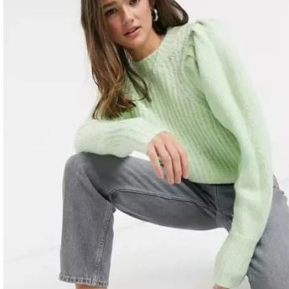 Topshop Pleated Sleeve Sweater Cropped Crewneck Pullover Pastel Mint Green - Picture 1 of 5